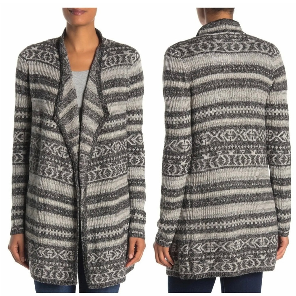 Lucky Brand Cardigan Cotton Blend Grey White Aztec Mayan Peruvian Cozy Classic L
